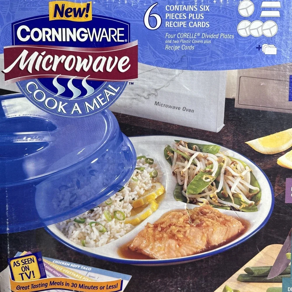 Vtg NOS Corningware Corelle Microwave 6PC Divided Plate & Cover Cook‎ A Meal Set